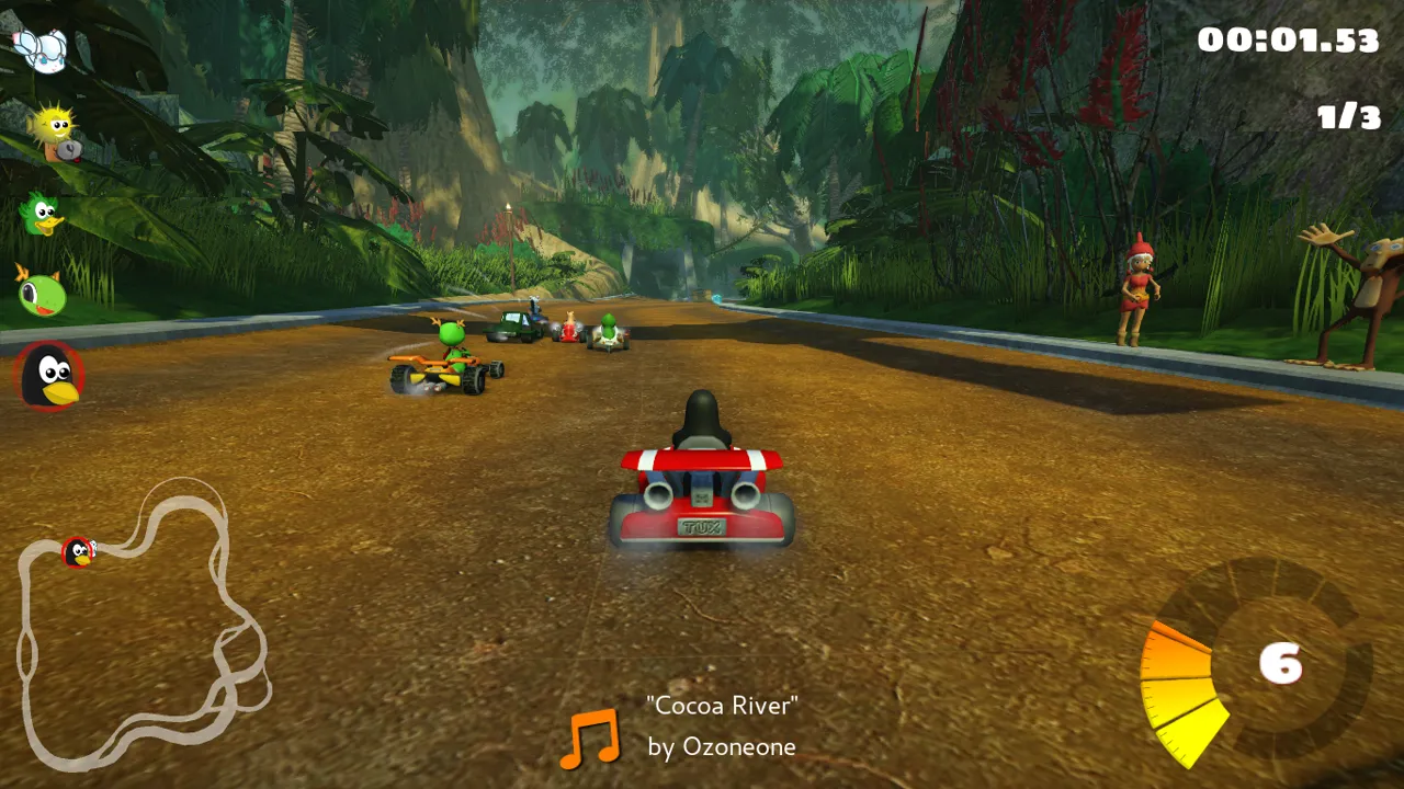 A kart racing through a jungle track in SuperTuxKart
