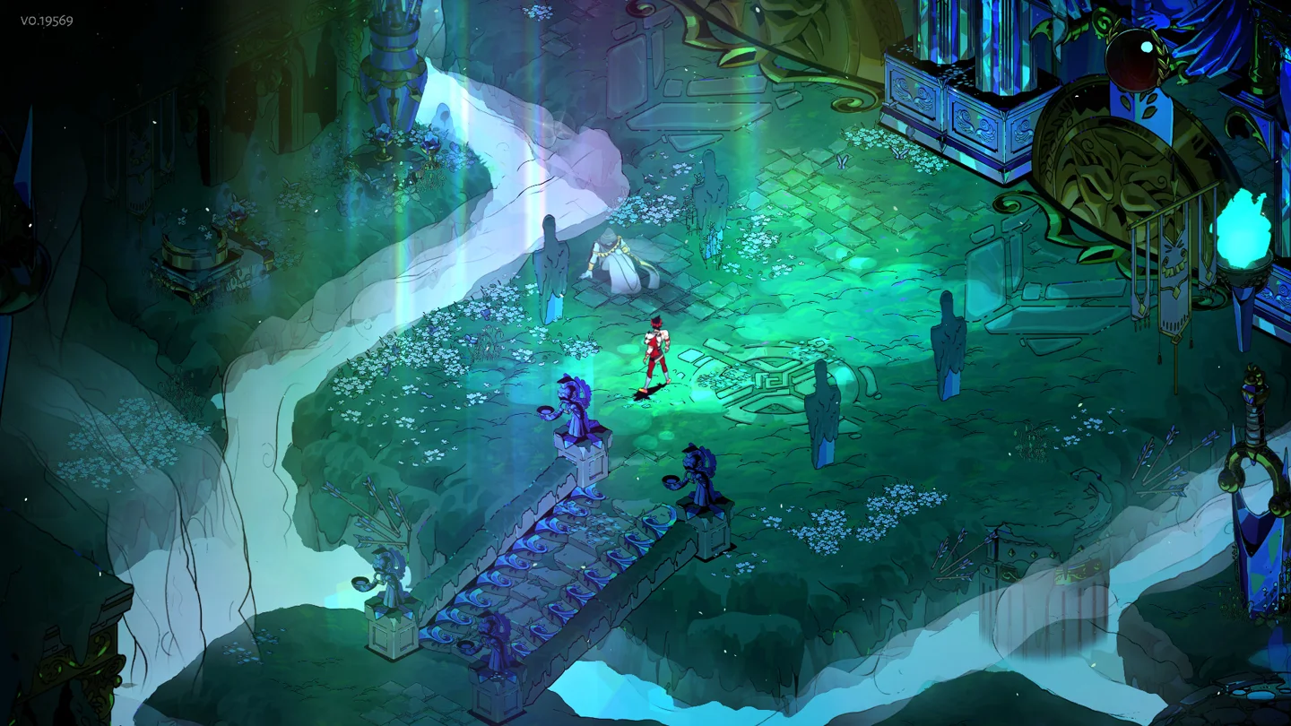 Zagreus pauses in a luminous blue-green chamber in Hades