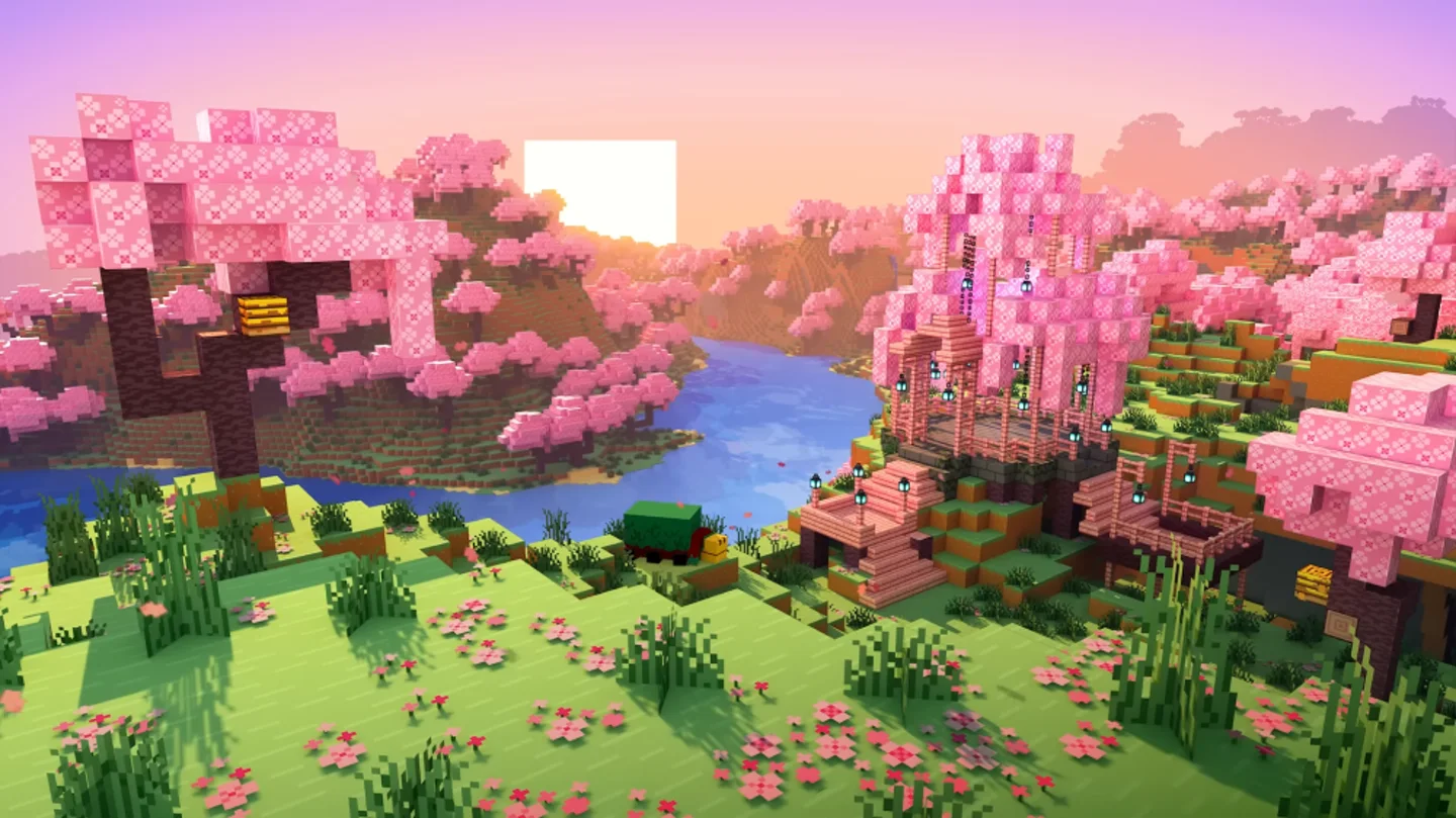 A player looks across a bright cherry grove and river in Minecraft