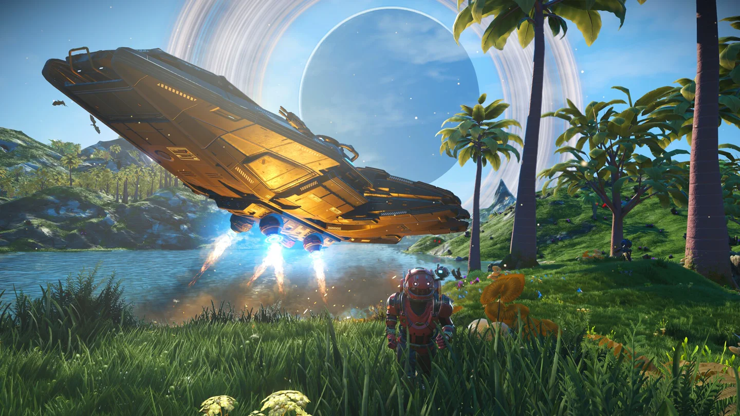 An explorer watches a starship lift above a vivid alien landscape in No Man's Sky