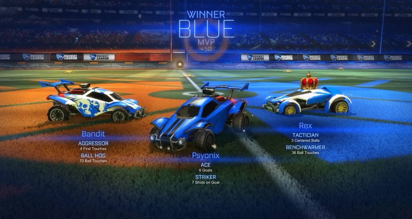The winning blue team celebrates on Rocket League's post-game spotlight screen